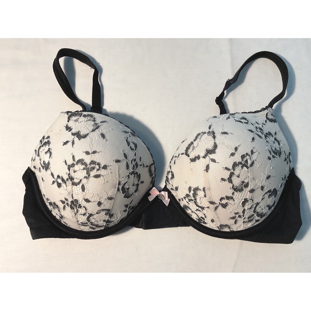 Victorias Secret Body by Victoria Lace Push Up Bra 36D Black White Floral
